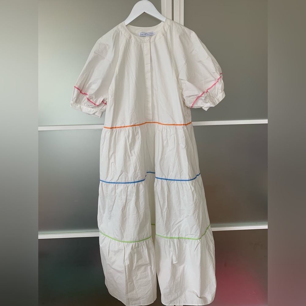 White cotton tiered English Factory midi dress with colourful trim. 1X. NWT